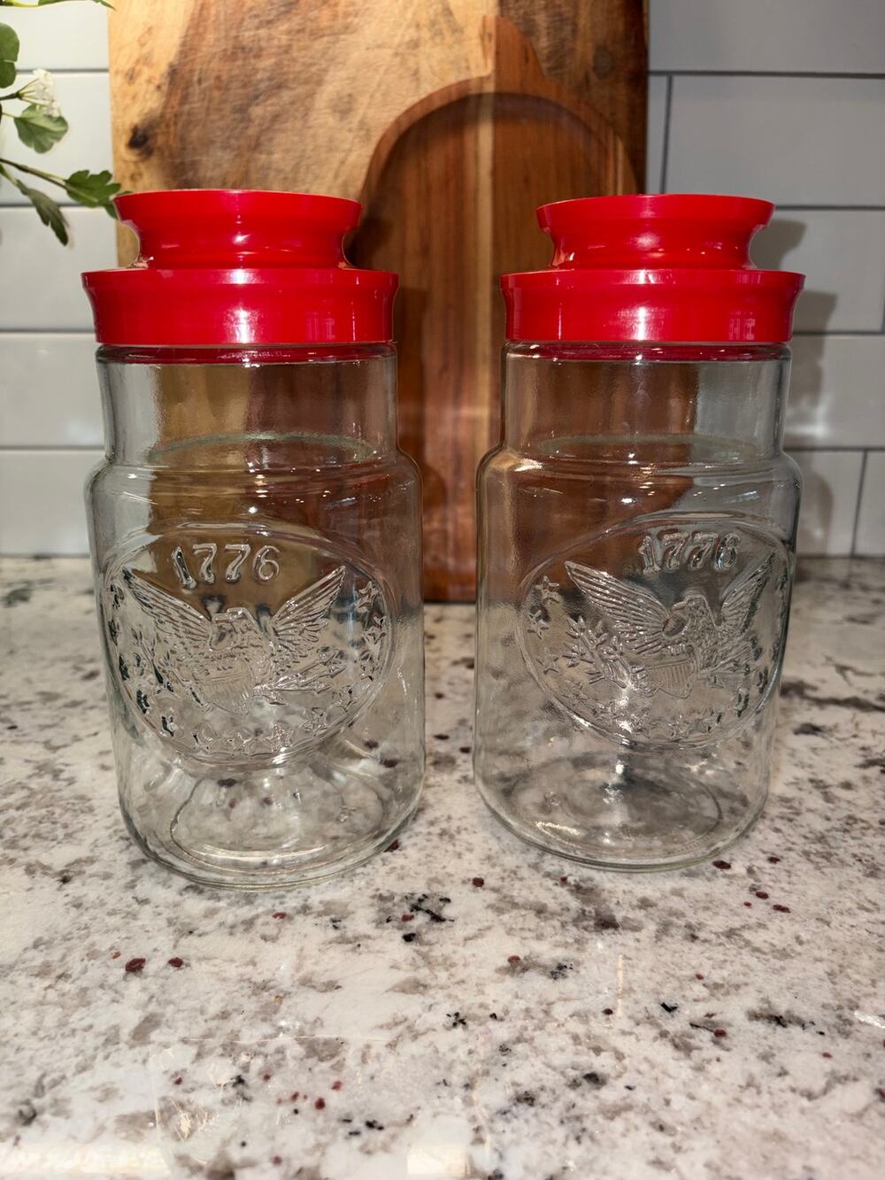 Vintage Set of 2 Anchor Hocking 1776 Eagle Glass Canisters Red Lids
